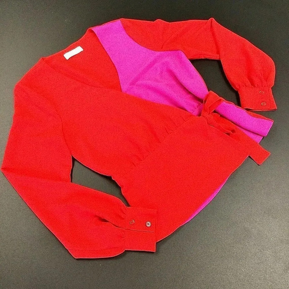 Bailey 44 Womens Hot Pink Red Colorblock V-Neck Nina Tie Wrap Top Blouse Medium - Picture 1 of 11